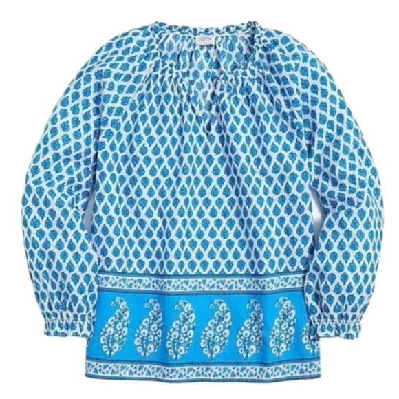 J Crew Blue and White Block Floral Paisley Print Boho Popover Cotton Top - Picture 2 of 12